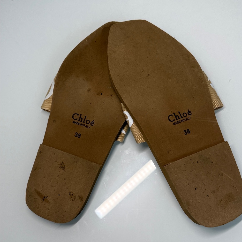 Chloé Tan Canvas Logo Slide Sandals - Picture 2 of 4